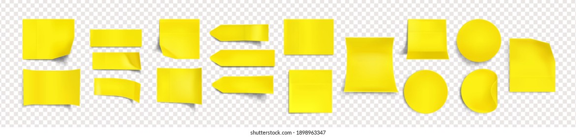 Yellow stickers of different shapes mockup with shadow and curly edges. Tags, sticky notes for memo isolated on transparent background. Paper adhesive tape, empty blanks, Realistic 3d vector icons set