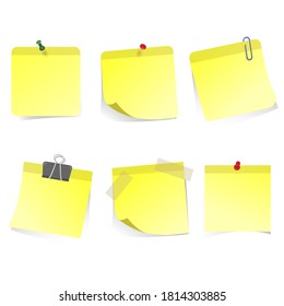 Yellow stickers glued clip pin and scotch. Pin sticker office, blank empty isolated, yellow page notepad for remember and notepaper. Vector illustration