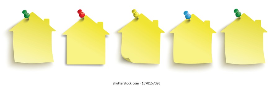 Yellow stickers in house shape with colored pins. Eps 10 vector file.