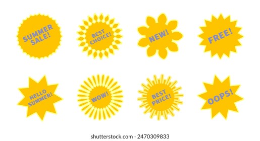 Yellow stickers promo set. Vector collection of flat starburst with promotion text oops, free, summer sale, wow, best price, choice, new. Retro 70s or 80s discount badge, sunray promotional element.