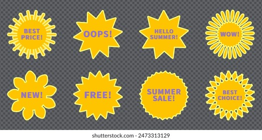 Yellow stickers promo set. Vector collection of flat starburst with promotion text oops, free, summer sale, wow, best price, choice, new. Retro 70s or 80s discount badge, sunray promotional element