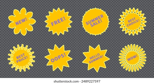 Yellow stickers promo set. Vector collection of flat starburst with promotion text oops, free, summer sale, wow, best price, choice, new. Retro 70s or 80s discount badge, sunray promotional element.