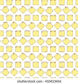 Yellow stickers. Sticky notes Vector Seamless pattern. Hand drawn doodle paper sheets for messages. Memos blank