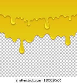 Yellow sticky liquid seamless element. Realistic dripping slime isolated object. Background with golden honey. Popular kids sensory game. Glossy yellow fluid flowing repeatable vector illustration