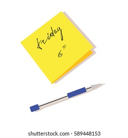 Yellow Sticky Memo Notes And Pen Vector Isolated Flat Clipart Icon