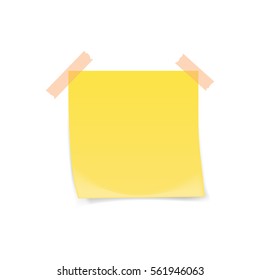 Yellow sticky note with adhesive tape isolated on white background. Vector illustration.