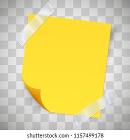 Yellow sticky note with the curled corner and adhesive tape. Vector illustration