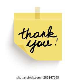 Yellow sticky note with the curled corner and adhesive tape, and with handwritten phrase Thank you on white background. Vector illustration