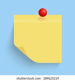 Yellow sticky note with the curled corner isolated on blue background with red pin. Vector illustration