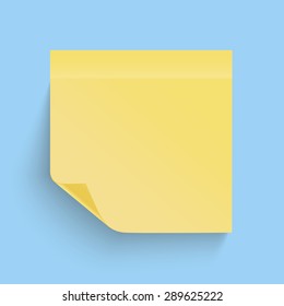 Yellow sticky note with the curled corner isolated on blue background. Vector illustration