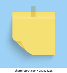 Yellow sticky note with the curled corner and adhesive tape isolated on blue background. Vector illustration