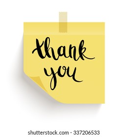 Yellow sticky note with the curled corner and adhesive tape, with handwritten phrase Thank you on white background. Vector illustration