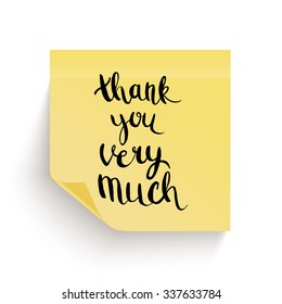 Yellow sticky note with the curled corner and adhesive tape, with handwritten phrase Thank you on white background. Vector illustration