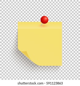 Yellow sticky note with the curled corner and red pin on transparent background. Vector illustration