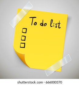 Yellow sticky note with the curled corner and adhesive tape. To do list or memo post. Vector illustration