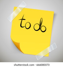 Yellow sticky note with the curled corner and adhesive tape. To do list or memo post. Vector illustration