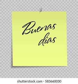 Yellow Sticky Note With Greeting Message (Hello) on spanish. Buenas dias