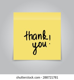 Yellow sticky note with handwritten phrase Thank you on gray background. Vector illustration