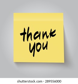 Yellow sticky note with handwritten phrase Thank you on gray background. Vector illustration