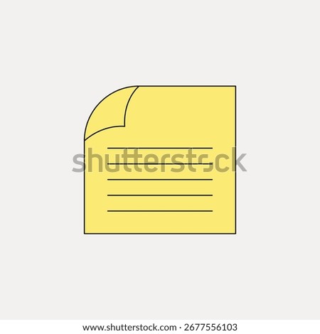 Yellow sticky note icon with a curled corner. Sticky note with lines for writing. Simple sticky note design for reminders. Perfect sticky note illustration. Stationery illustration vector.