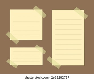 Yellow sticky note illustration set. Taped office memo paper template mockup.