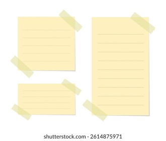 Yellow sticky note illustration set. Taped office memo paper template mockup.