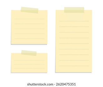Yellow sticky note illustration set. Taped office memo paper template mockup.