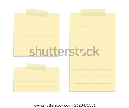 Yellow sticky note illustration set. Taped office memo paper template mockup.