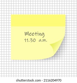 Yellow sticky note isolated on a white checkered background. Template for your projects. Vector illustration.
