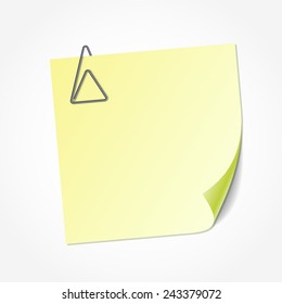 Yellow sticky note isolated on white background, vector illustration. Clip in the shape of triangle