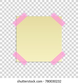 Yellow sticky note isolated on transparent background. Office note. Pink scotch tape. Template for your project. Vector illustration.