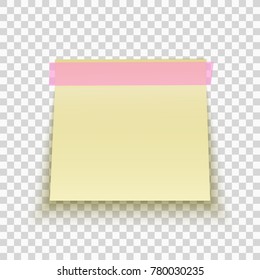 Yellow sticky note isolated on transparent background. Office note for work. Pink scotch. Template for your project. Vector illustration.