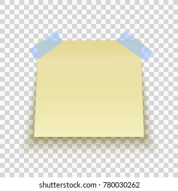 Yellow sticky note isolated on transparent background. Office note for work. Blue scotch. Template for your project. Vector illustration.
