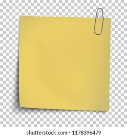 Yellow sticky note with metallic paper clip isolated on transparent background. Vector illustration.