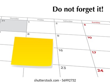 Yellow sticky note on a calendar. Vector.