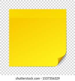 Yellow sticky note on transparent texture background. Removable self-stick note. Reminder list, message stick, remember task. Office paper sticker. Vector