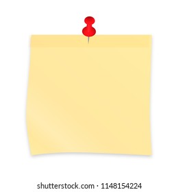 Yellow sticky note paper attached with red pin. Realistic sticker and pushpin isolated on white. Vector illustration. Easy to edit template for your design projects. 