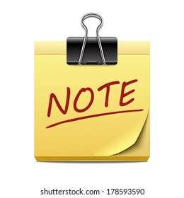 Yellow sticky note paper with binder clip, vector illustration