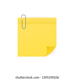 Yellow sticky note with paper clip isolated on white background. Vector illustration