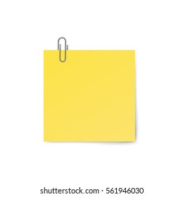 Yellow sticky note with paper clip isolated on white background. Vector illustration.