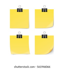Yellow sticky note with paper clip isolated on white background. Vector illustration.