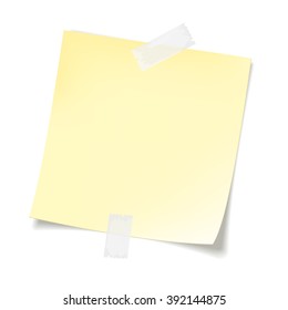 Papel de nota adhesiva amarillo con esquinas rizadas. Hoja de papel para el recordatorio y la nota