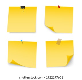 Yellow sticky note paper with push pin, adhesive tape, binder clip. Blank paper sheets for note. Front view. Templates for your message. Vector illustration.