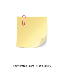 Yellow sticky note with paperclip and drop shadow effect. Realistic style vector.