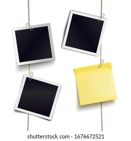 Yellow sticky note and photo frames attached metal paper clips on tapes. Template for design. Vector illustration