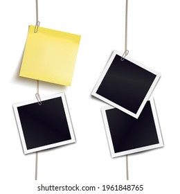 Yellow sticky note and photo frames attached metal paper clips on tapes. Template for design. Vector illustration
