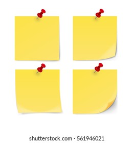 Yellow sticky note with pin clip isolated on white background. Vector illustration.