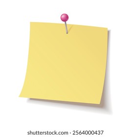 Yellow sticky note with a pink pushpin isolated on a white background, realistic vector illustration with shadows, suitable for reminders or design concepts