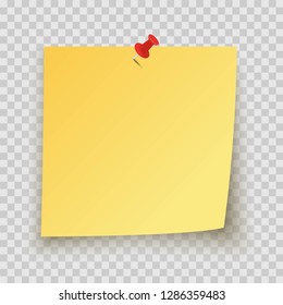 Yellow sticky note with red pin and shadow on transparent background. Adhesive office reminder sheet of note paper icon. Mock up template for your design. Vector illustration