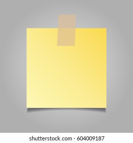 Yellow sticky note reminder with adhesive tape isolated on grey background verctor illustration